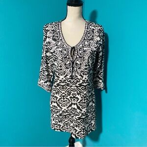 Soft Surroundings S Black White Print Beaded 3/4 Sleeve Tie Front Tunic Cover Up